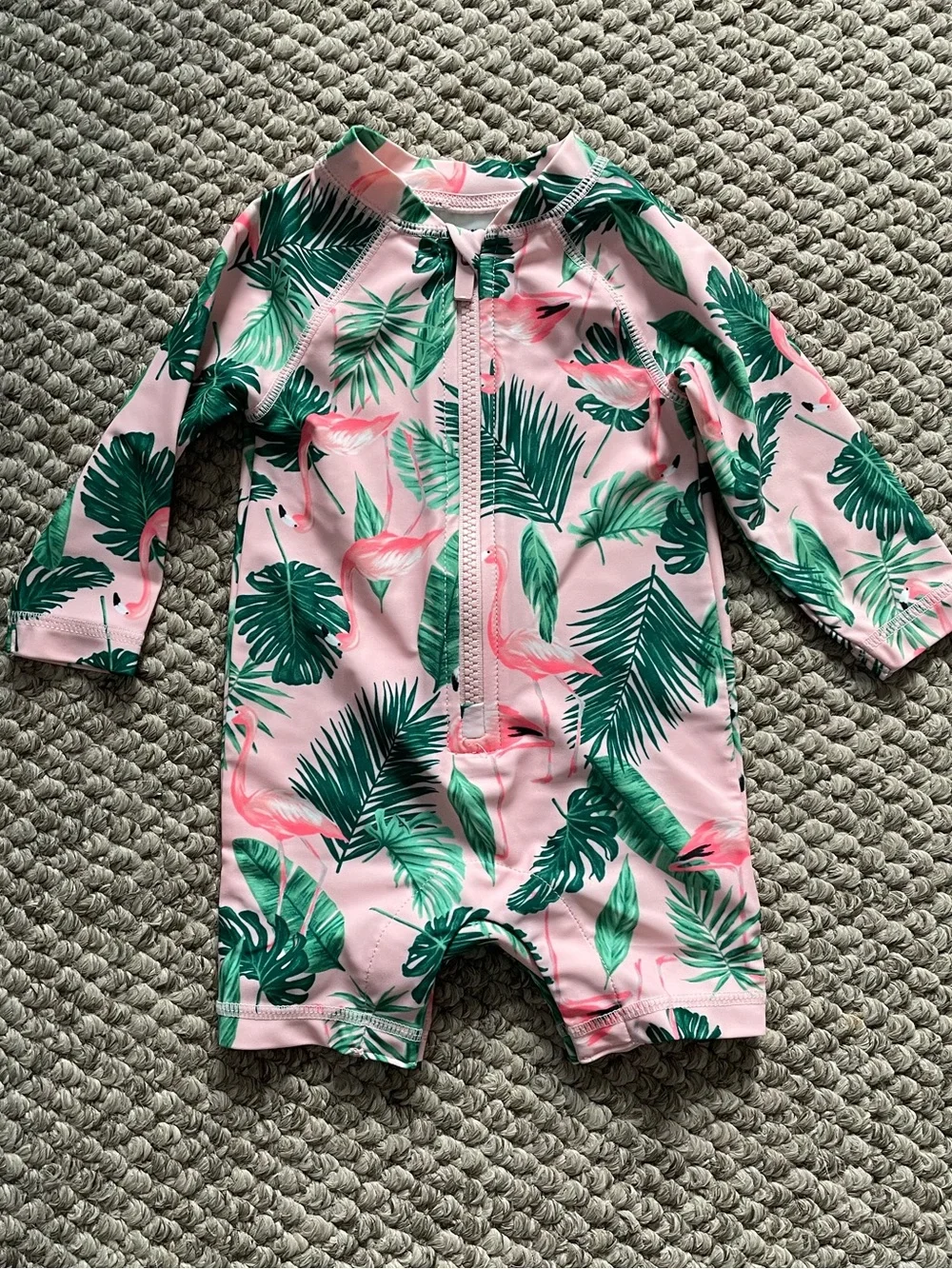 Old Navy Pink Flamingo & Green Leaf Baby Swim Romper